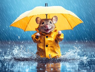 A cheerful mouse wearing a yellow raincoat in the rain is happy
