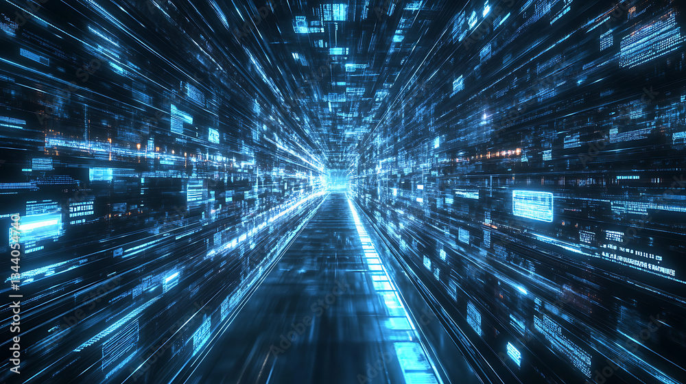 Poster a dynamic, futuristic digital landscape with light trails conveying a sense of speed and technology