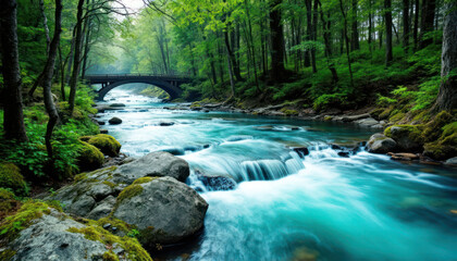 Obraz premium Serene River Flowing Through Lush Green Forest