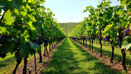 Naklejka premium Vineyard Rows in Summer Sunlight: A Picturesque View of Lush Grapevines