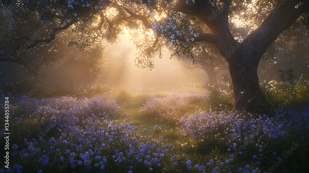 Poster A serene landscape featuring sunlight filtering through trees, illuminating a field of vibrant purple flowers, creating a tranquil and enchanting atmosphere