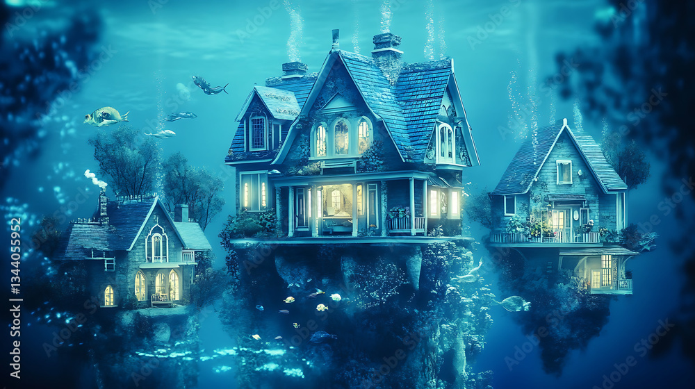 Poster an enchanting underwater scene featuring whimsical houses illuminated by soft light, surrounded by c