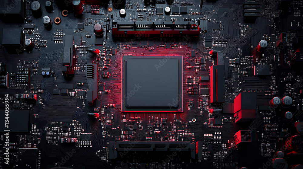 Poster A close-up view of a computer motherboard featuring intricate circuitry, with a central processing unit highlighted in red against a dark background