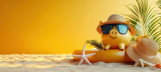 Summer Vacation Piggy Bank with Sunglasses and Tropical Accessories on Yellow Background