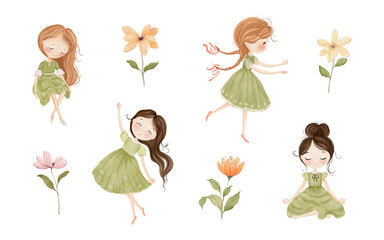 Set with cute baby girls and abstract flowers, watercolor isolated illustration for your fantasy design wallpapers, textile or design interior for small childish. Hand drawn beautiful elements.