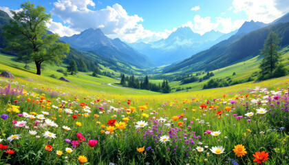 Alpine Meadow: A vibrant tapestry of wildflowers blooming in a serene mountain valley bathed in sunlight.