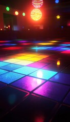 Vibrant disco dance floor with colorful lights and spinning disco ball for an electrifying night out