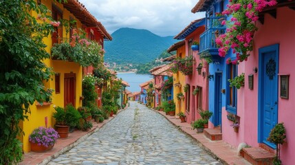 Fototapeta premium Colorful houses line a cobblestone street leading to a tranquil bay.