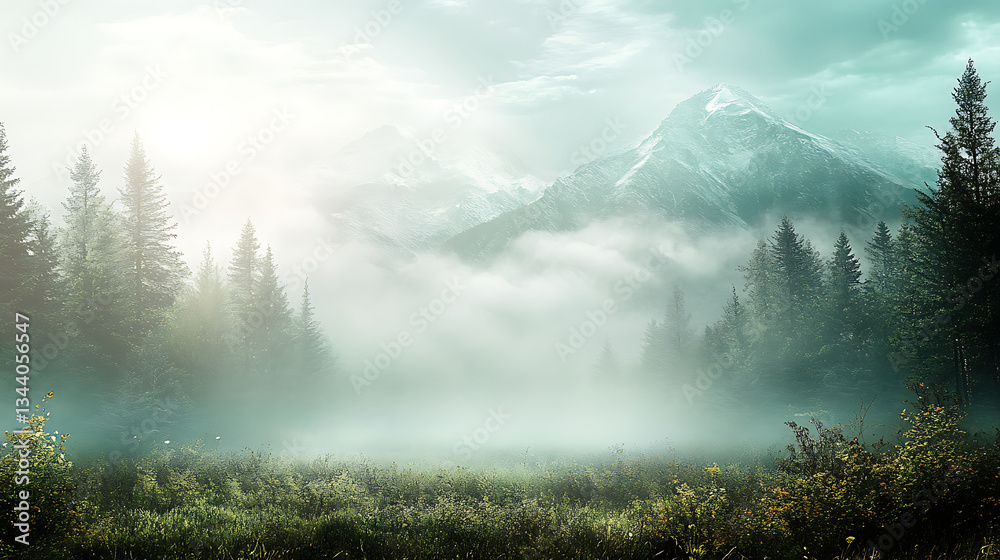 Poster A serene landscape featuring misty mountains and dense forests, creating a tranquil atmosphere with soft light filtering through the fog