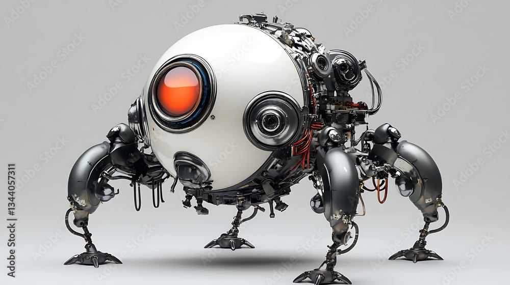 Poster a futuristic robotic creature with multiple legs and a prominent round eye, showcasing intricate mec