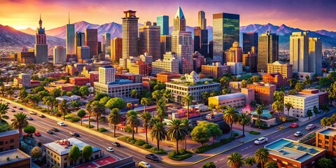Naklejka premium Isometric Los Angeles City Diorama: Richly Detailed Urban Exploration HD Wallpaper