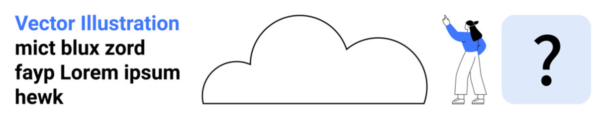 Woman gestures at outlined cloud form with adjacent question block. Ideal for innovation, curiosity, technology, brainstorming, problem-solving, cloud computing, simple landing page