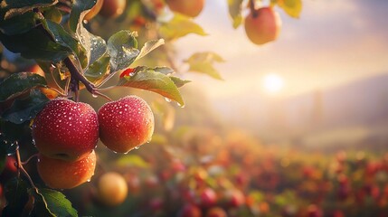 Tranquil Dawn with Dew-Kissed Apples on a Tree in a Serene Orchard