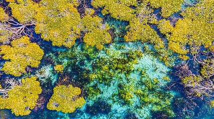 Aerial View of Vibrant Aquatic Ecosystem with Yellow Water Lilies and Blue Water Surface