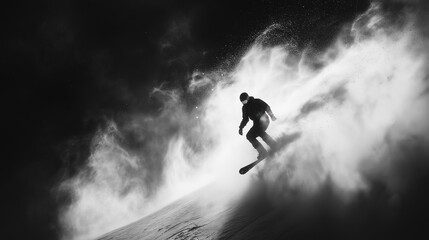 Snowboarder carving through powder in black and white.