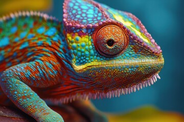 Obraz premium A close-up of a chameleon shifting colors, its vibrant scales forming intricate, ever-changing patterns