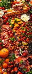 Fototapeta premium A colorful spread of various foods, including meats, cheeses, fruits, and vegetables, arranged beautifully on a wooden surface.