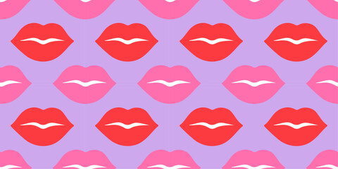 Seamless pattern with red and pink lips on soft lilac background. Flat playful, romantic design pastel tones. Perfect for Valentines Day projects, fashion prints, wallpapers, wrapping paper, textiles