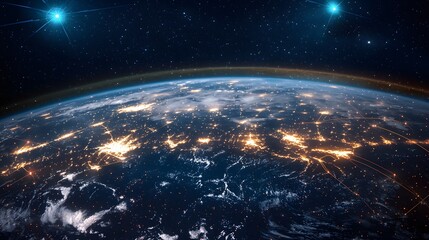 Obraz premium Stunning Aerial View of Earth at Night Showcasing City Lights Against a Starry Background