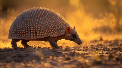 Obraz premium Armadillo walking on dry terrain at golden hour.