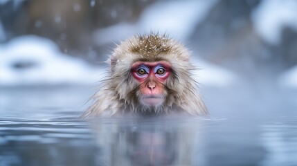 Fototapeta premium Japanese macaque relaxing in steaming hot spring.