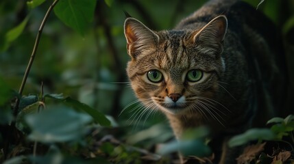 Wild cat with green eyes hiding in dense foliage.