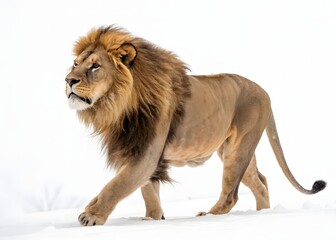 Obraz premium Big beautiful African lion on a white background. Lion, Panthera Leo, 8 years old, standing. 
