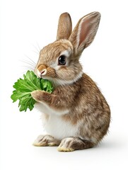 Obraz premium Cute rabbit nibbling on fresh green lettuce, showcasing delightful fur texture and expressive eyes, ideal for nature-themed projects.