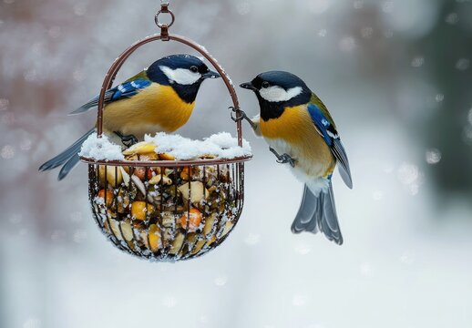 hungry tit birds winter snow garden feeder seeds nuts feeding cute animals nature wildlife