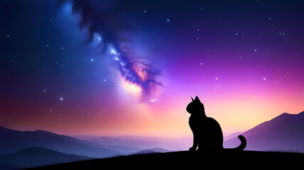 Black cat silhouette, mesmerizing galaxy night sky view with cosmic vibes