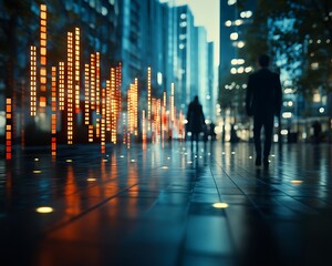 A futuristic city scene with data display and pedestrians