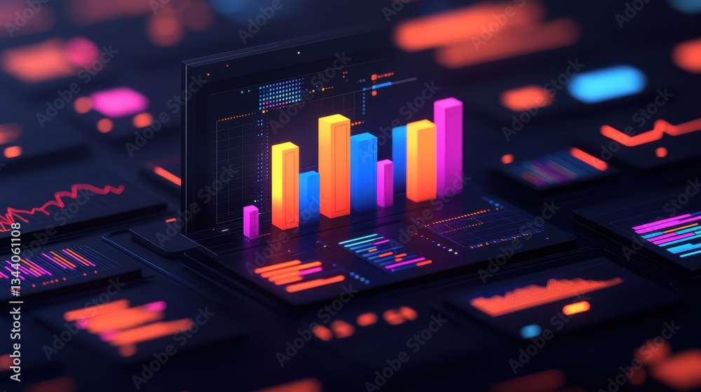 Poster vibrant digital analytics display with colorful bar graphs and data visualizations for modern data i