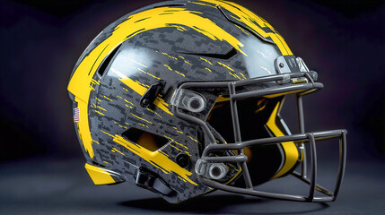 Fototapeta premium Unique modern football helmet design with a striking yellow and gray pattern showcased in a dramatic presentation