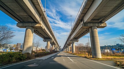 Fototapeta premium A bridge with massive concrete pillars supporting a multi-lane roadway.