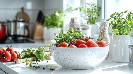 Fresh Organic Tomatoes in Bright Kitchen with Herbs and Cooking Ingredients on Countertop