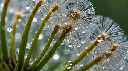 Obraz premium Macro Photography of a Dandelion Seed Head with Dewdrops on a Soft Green Background