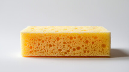 A worn-out cleaning sponge rests on a plain white background, showing signs of heavy use.
