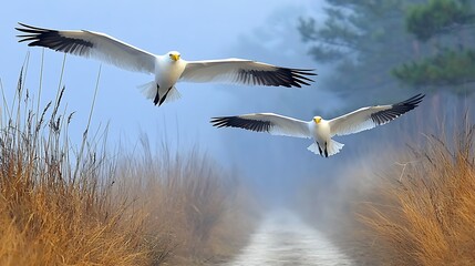 Two White Birds in Flight Over Misty Path