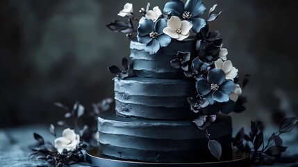 A three tier cake with blue and white flowers on top