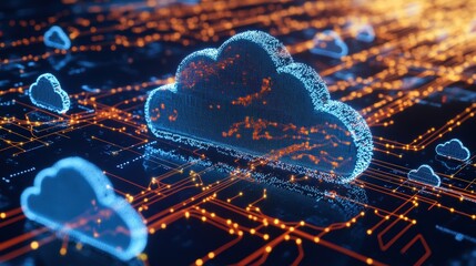 Abstract digital rende of glowing blue and orange cloud icons on a complex illuminated circuit board representing cloud computing infrastructure design