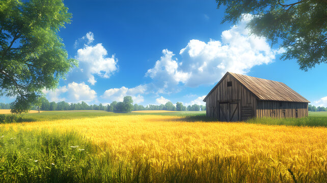 Rustic countryside barn with golden fields under a warm sunset sky - Powered by Adobe