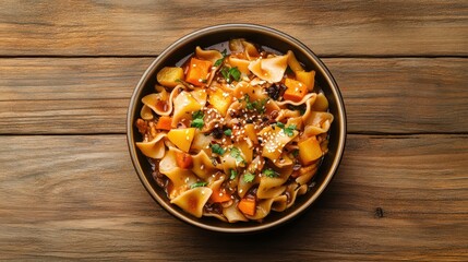 A colorful bowl of pasta with vegetables, garnished and served on a wooden table, showcasing a delicious and inviting meal.