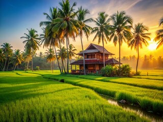 Fototapeta premium Kerala Rice Paddy Fields: Lush Green Landscape with Palm Trees