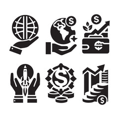 A black vector set of business icons, symbols, and people silhouettes for web design and illustration