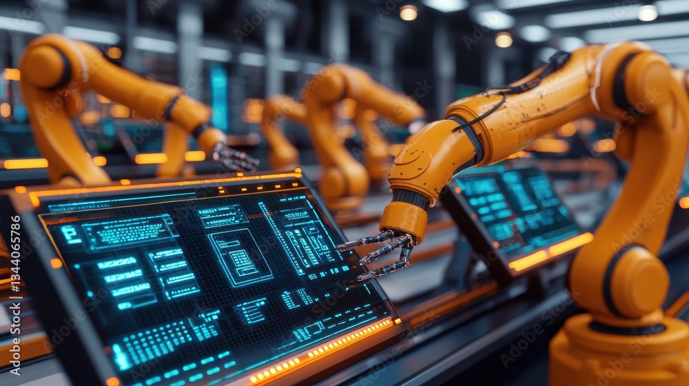 Poster advanced robotic arm interacting with digital interface in modern automation factory setting
