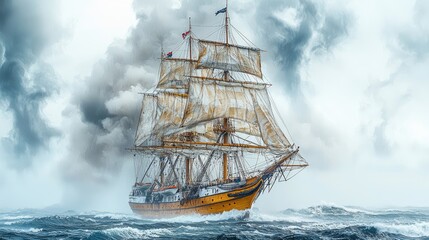 Majestic sailing ship navigating stormy seas with billowing clouds in background