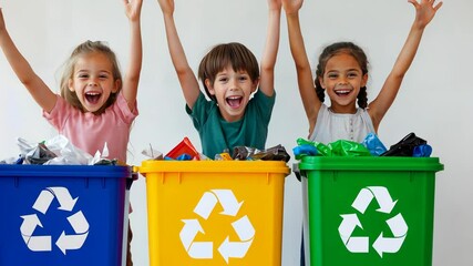 Excited children participate in recycling activities at home with colorful bins in a bright, cheerful environment - Powered by Adobe