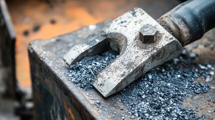 A close-up of a heavy-duty bolt cutter with metal shavings scattered nearby.