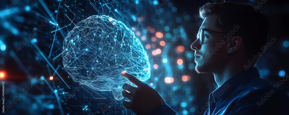 Poster futuristic businessman interacting with a virtual brain interface surrounded by neural circuit lines