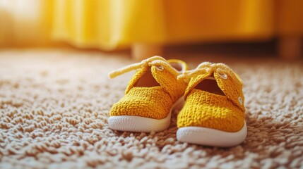 Cozy yellow knitted baby shoes on a soft carpet, with warm sunlight filtering through a nearby window